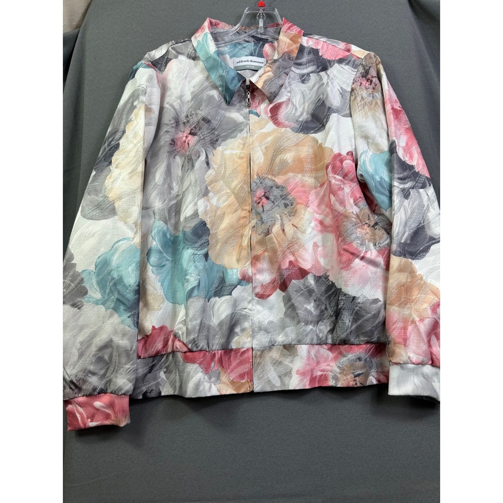 Alfred Dunner Petite Floral Zip Front Bomber Jacket Metallic Pink Teal 14P